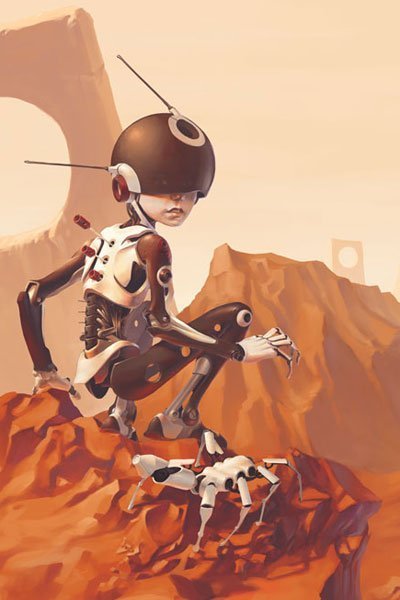 A small cyborg child sits in a red rock landscape.