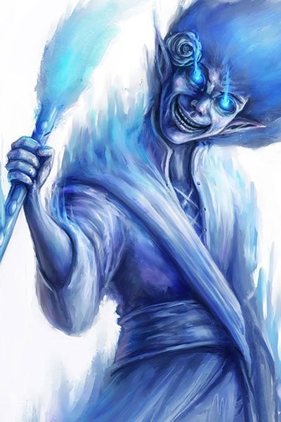 A creature with blue hair, and blue glowing eyes in shrouded in blue flame.