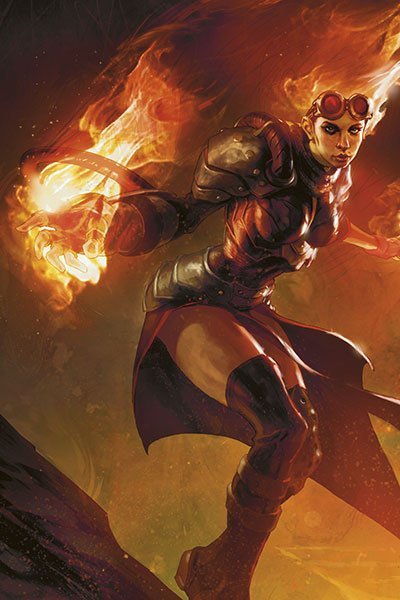 A woman in dark armor, goggles and flaming hair wields a fireball.