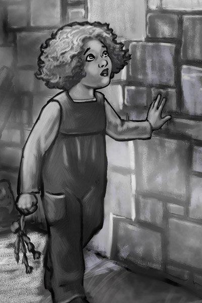 A young girl runs her hand along an stone wall.