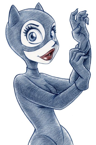 A cartoonishly cute Catwoman pulls on a glove.