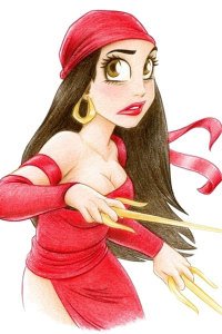 Elektra warily eyes her surroundings, sai in hand.