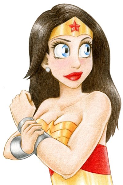 A wide-eyed Wonder Woman checks her bulletproof bracers.