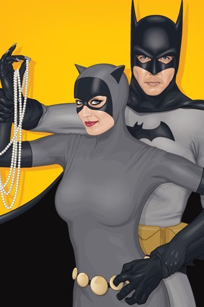 Batman holds Catwoman's arm as Catwoman holds a string of pearls. Circa 1967