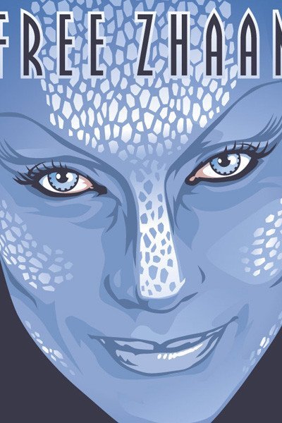 A lovely blue woman's face with white white markings, aka Zhaan.