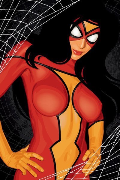 Spider woman standing tall, with hands on hips.