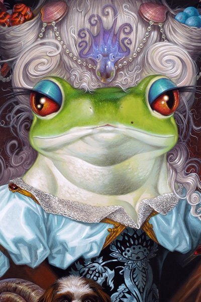 A green frog with an ornate white wig stands in a blue dress.