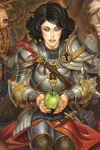 A young woman in plate armor hods a green apple, with small men surrounding her.