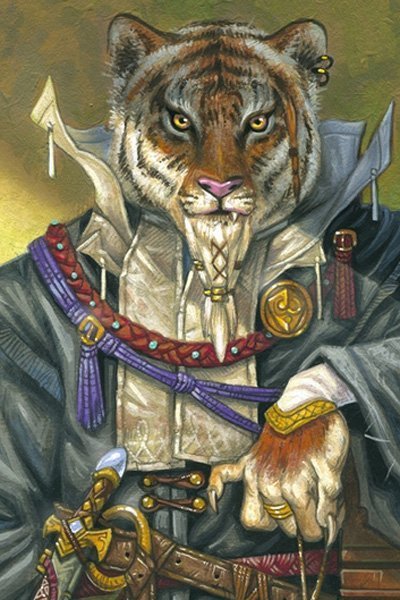 A regal tiger stands in noble clothing and wearing an ornate sword.