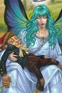 A large fairy with blue hair cradles a wooden boy in her lap.