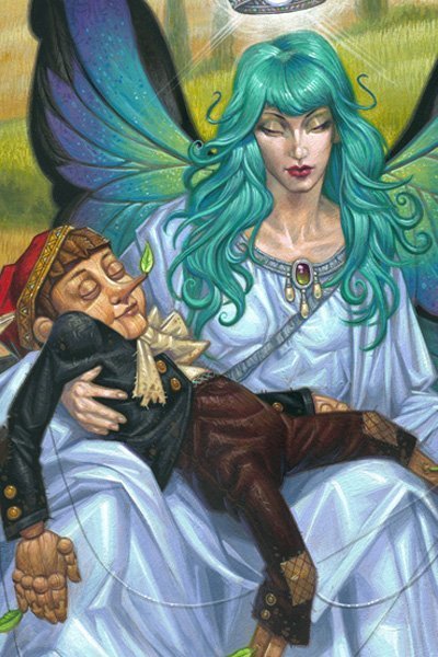 A large fairy with blue hair cradles a wooden boy in her lap.