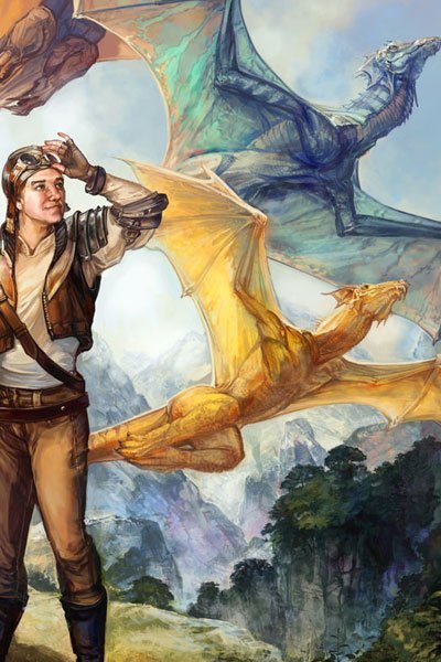 An aviator watches blue and yellow dragons soar.