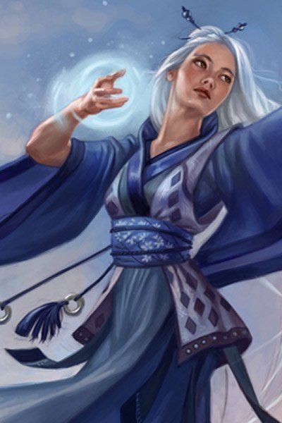 A woman with long white hair casts a glowing spell.