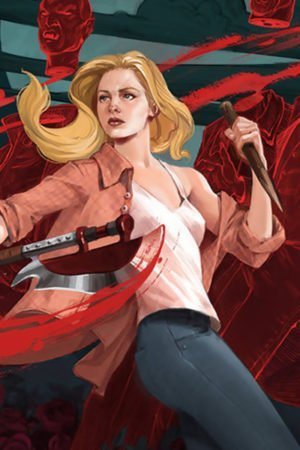 Buffy Summers lops off a vampires head with a large axe.