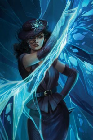A woman in formal clothes waves an arm, trailing glowing blue webbing.