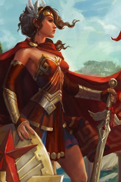 Wonder Woman stands with sword and shield, large red cape billowing behind her.