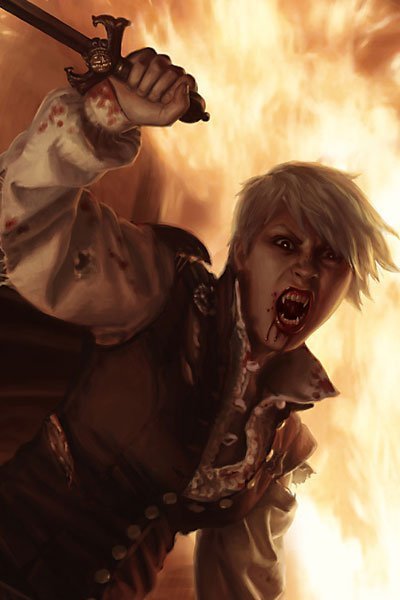 An enraged vampire -- surrounded by fire -- bares their fangs and raises their blade