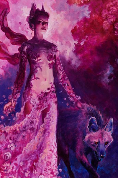 A slender woman in a flowery dress walks with a large hyena.