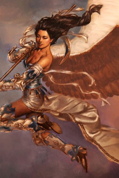 A winged woman with long dark hair soars through the sky.