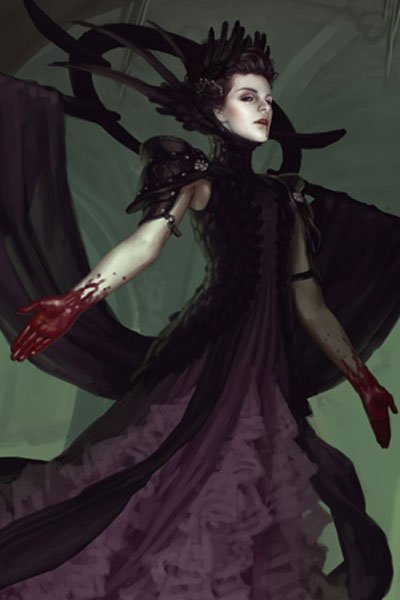 A pale regal woman in dark robes, an elaborate headdress, and bloody hands floats