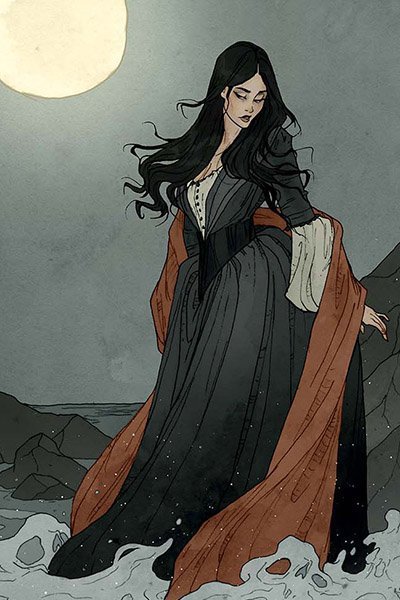 A somber woman with long black hair in a long gray dress stands at the edge of the sea under a full yellow moon.