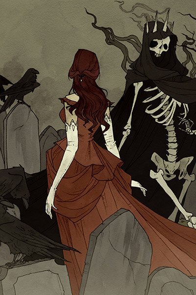 A slender woman in a long red dress and white gloves, dances in a graveyard with a skeleton in a long black cloak.