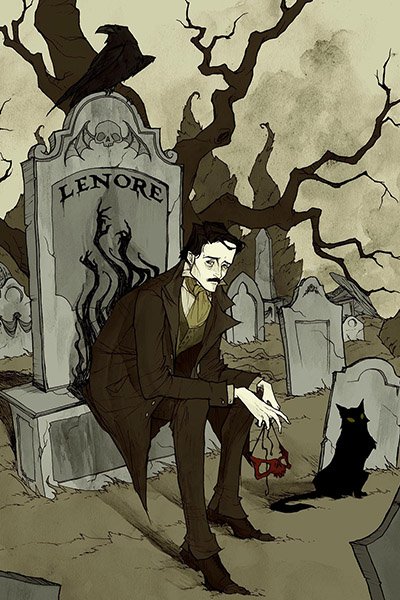 A slender man sits on a large grave with the name 'Lenore' engraved upon it.