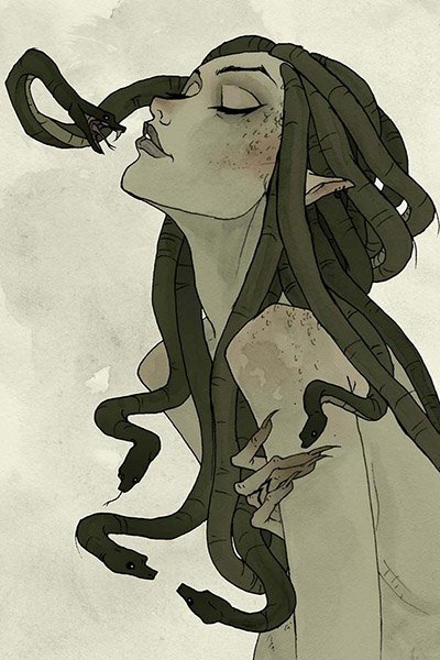 A green woman with snakes for hair peers at a particularly ferocious lock. 