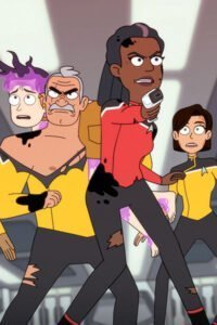 A group of Starfleet officers in mid-combat.