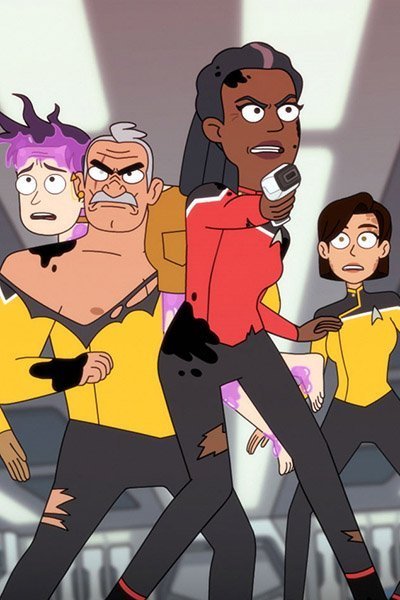 A group of Starfleet officers in mid-combat.