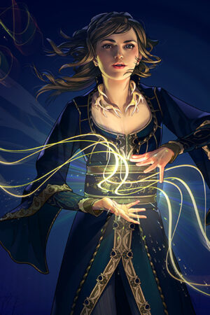 A woman in a flowing blue robe conjures glowing golden strands of magic between her hands against a night sky.