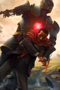 A man in a suit and patterned shawl looks back in alarm as a colossal, glowing automaton carries him.