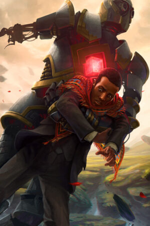 A man in a suit and patterned shawl looks back in alarm as a colossal, glowing automaton carries him.