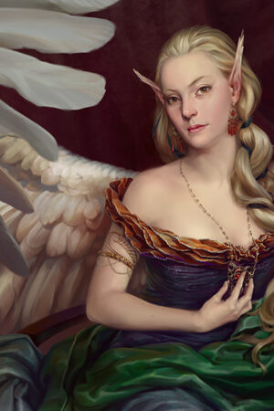 A fair-haired elf with white feathered wings and elegant jewelry poses gracefully in a rich, multicolored gown.