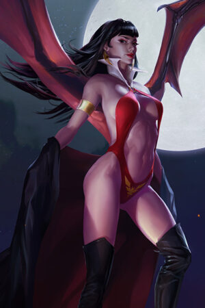Vamiprela stands confidently before a full moon, her bat-like wings spread wide as her red outfit and black boots catch the moonlight.