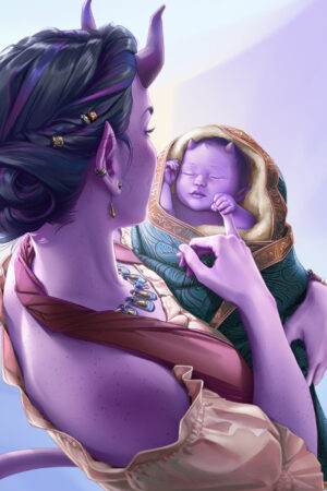 A purple-skinned tiefling woman with small horns gently cradles her horned infant wrapped in an ornate blanket, bathed in soft light.