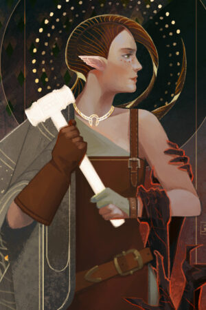 An elf blacksmith with short hair and pointed ears grips a large white hammer, standing poised before an ornate background.