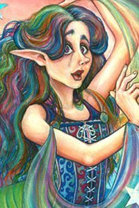 A pensive fairy with multicolored hair and robes.