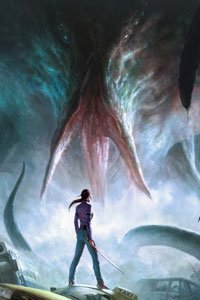 A gigantic tentacled beast looms menacingly over a slender woman wielding a sword.
