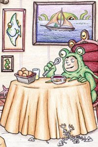 A young man in a toad suit sitting at a dinner table.