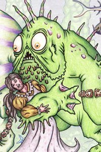 A large, baggy green monster clutching a woman in one arm.