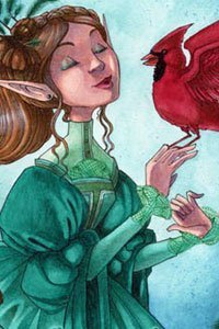 A mannered elf in a green dress holds and admires a bright red cardinal.