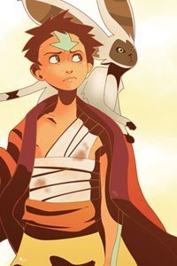 Aang from the Last Airbender and his flying lemur bat Momo.