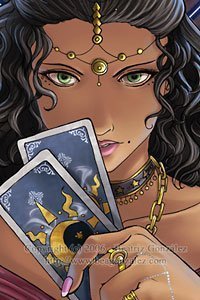 A beautiful woman with dark, wavy hair holds two tarot cards before her.