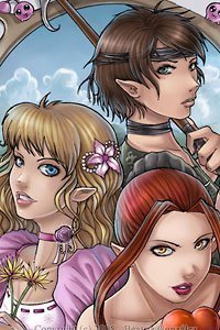 Three beautiful young elven women: a warrior, a flirt and a seductress.