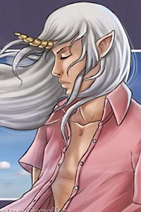 A young man with long white hair and a golden horn on his forehead stands, lost in thought. 