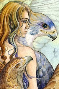 A young woman with long blond hair is flanked by birds of prey.