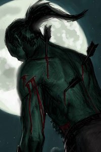 A humanoid with several arrows embedded in his back slumps under a full moon.