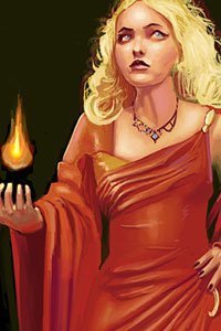 A blond woman in a red dress carries a lit black candle.