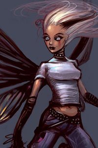 A fairy with white hair wearing jeans and a tee-shirt.